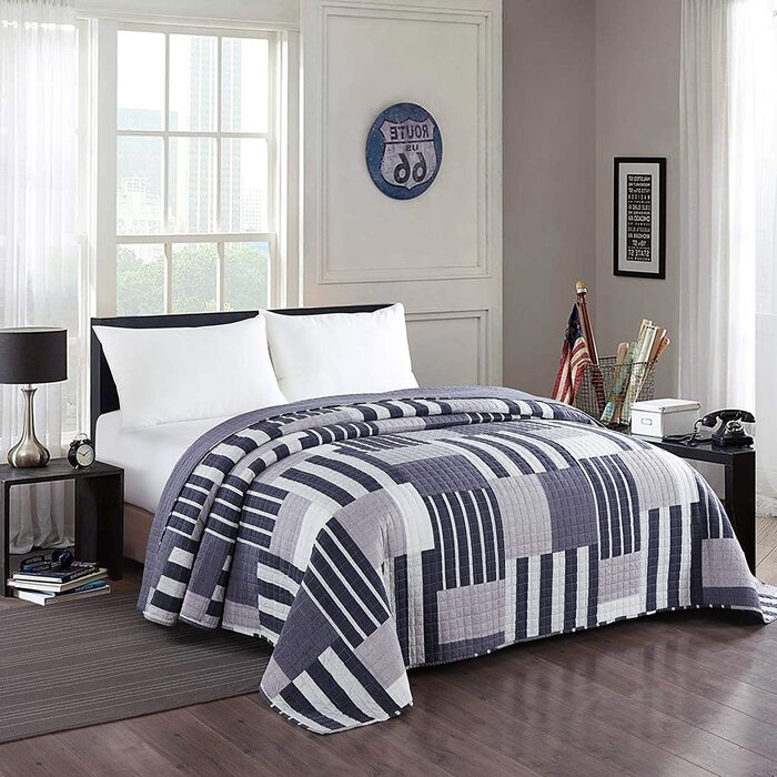 Покривало WOLTU покривало для ліжка 150x200 см, ковдра в стилі печворк, покривала з мікрофібри, покривало для односпального ліжка з підкладкою і стьобаним покриттям ,(220x240 см, синій білий)