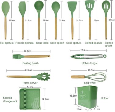 Набір кухонних аксесуарів 13шт, силікон, стійкий до високих температур, з дерев'яною ручкою (авокадо-зелений)