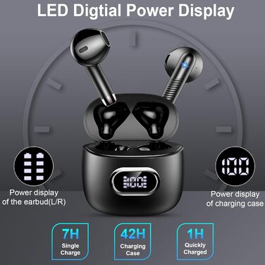 Бездротові навушники-вкладиші Bluetooth 5.3, 4 мікрофони HD, 42 години, ENC, IP7, LED, USB-C, Чорний