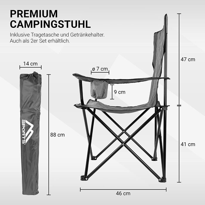 Крісло для кемпінгу MSPORTS Premium з сумкою для перенесення Крісло для риболовлі Розкладне крісло - на вибір у комплекті з 2 шт. - Складаний стілець з підлокітником і підстаканником Практичне міцне легке кемпінгове крісло Grey 2