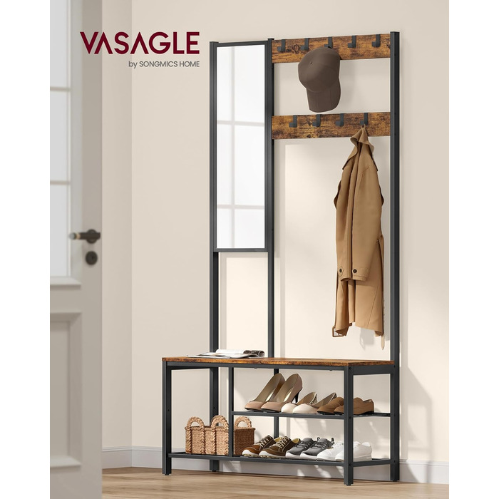 Стійка для одягу VASAGLE з дзеркалом та банкеткою, 35 x 98 x 180 см, для передпокою, спальні, вітальні, індустріальний дизайн, вінтажний колір, HSR415B01