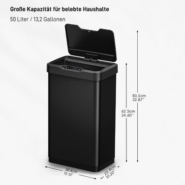 Відро для сміття EKO Mirage-T 50L з датчиком, автоматичне, чорне, з нержавіючої сталі, з м'яким закриванням, антибактеріальне покриття