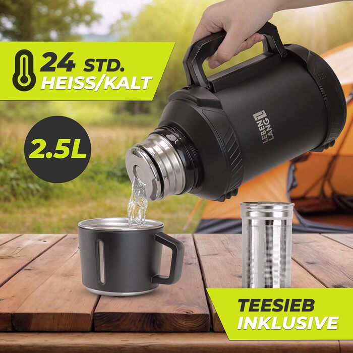 Термос LEBENLANG 2,5 л з чашкою, ситом та ремінцем | Нержавіюча сталь, 24 год зберігання тепла | Термокружка, ізотермос, фляга 2500 мл