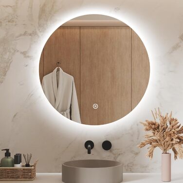 Круглий LED-дзеркало для ванної кімнати S'AFIELINA 60 см з підсвічуванням та сенсорним вимикачем, регулювання кольору світла (тепле, нейтральне, холодне), диммування