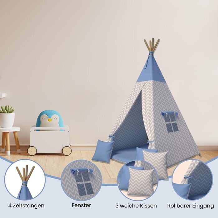 Дитячий намет-тіпі: іграшковий намет для дітей, кімната для ігор, намет-тіпі в кімнаті, блакитний, міцний, з м'якими подушками