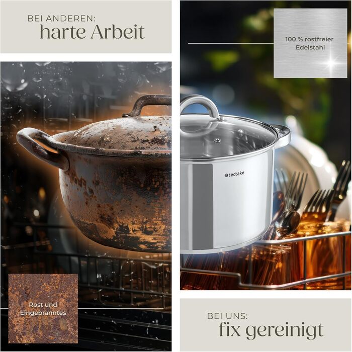 Набір каструль tectake® 15 предметів: каструлі, сковорідки з нержавіючої сталі з кришками, для плити (індукційна, газова, електрична), для кемпінгу та дому