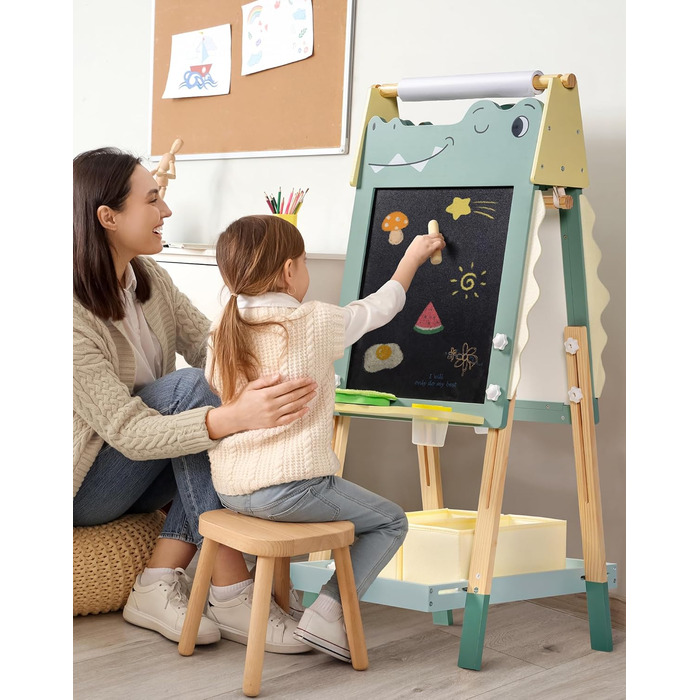 Мольберт для малювання ROBOTIME Alligator – 3-в-1, регульована висота, дерев'яний мольберт з магнітною дошкою, крейдяною дошкою та держателем для рулонів паперу, дитяча арт-станція для хлопчиків та дівчаток
