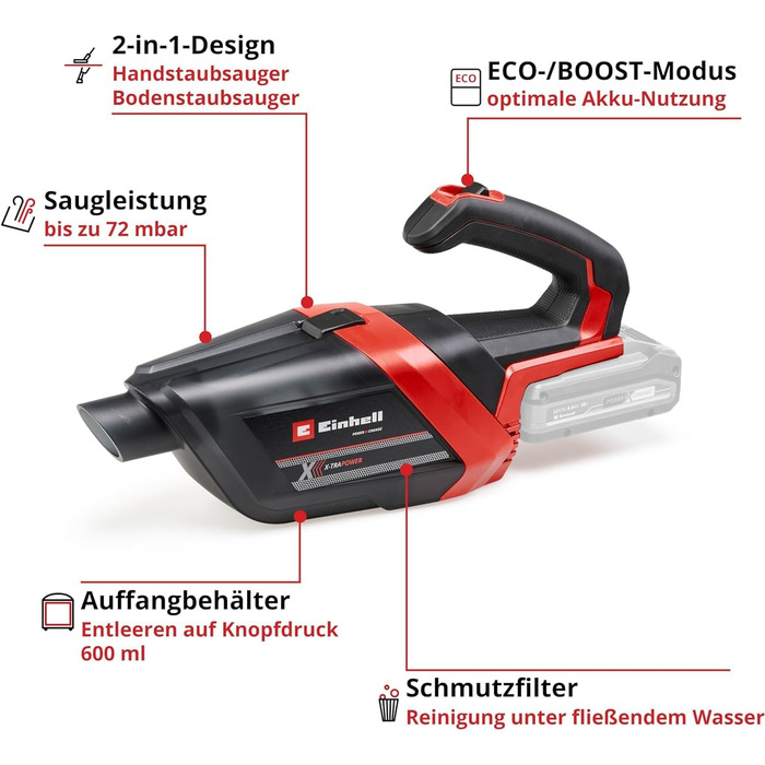 Акумуляторний ручний пилосос Einhell TE-HV 18/06 Li-Solo Power X-Change (18 В, потужність всмоктування 72 мбар, з щілинною насадкою, насадка для м'яких меблів, насадка для підлоги, контейнер для пилу 0,6 л, без акумулятора) нова модель без акумулятора та 