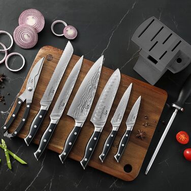 Набір кухонних ножів Дамаск з дерев'яним блоком, професійний кухонний набір, VG10, 67 шарів, преміум якість (9 предметів, сірий)