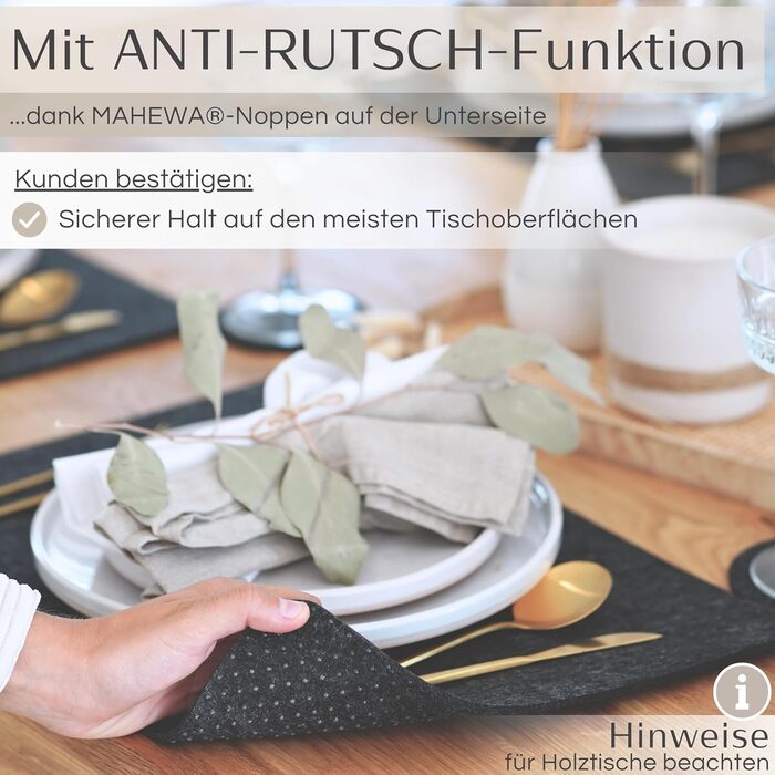 MAHEWA® Преміум-комплект з 6 фетрових серветок для столу (6 шт.) - антиковзаючі, миючі, для посуду
