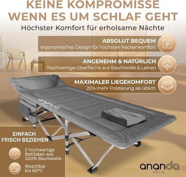 Розкладне кемпінгове ліжко з матрацом та простирадлами 190x70 см, витримує до 200 кг, доросле похідне ліжко для подорожей та гостей