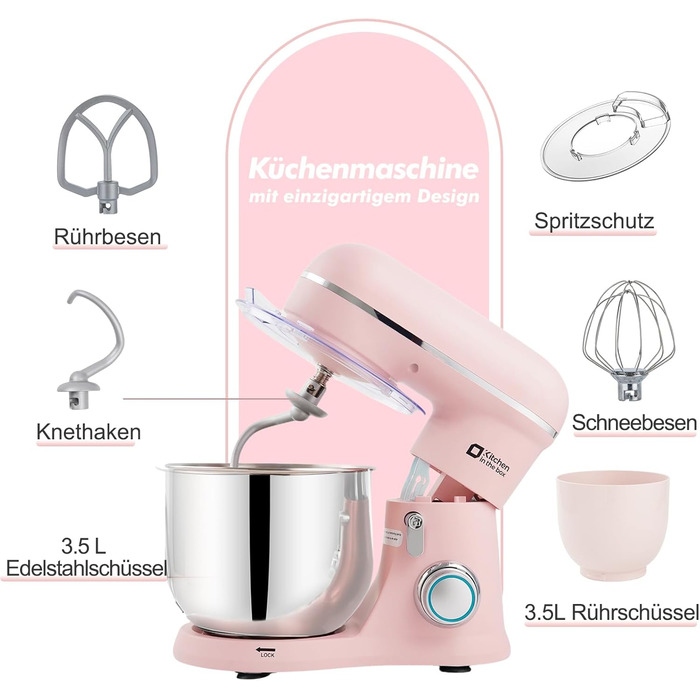 Кухонна машина Kitchen in the Box (Рожева) з двома чашами 3.5L, 10 швидкостей, з міксером та гаком для тіста