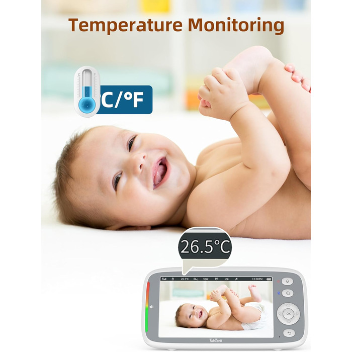 Відеоняня TakTark з камерою 5'' 720P IPS, поворот Pan-Tilt 300°, двосторонній зв'язок, нічний режим та моніторинг температури, VOX