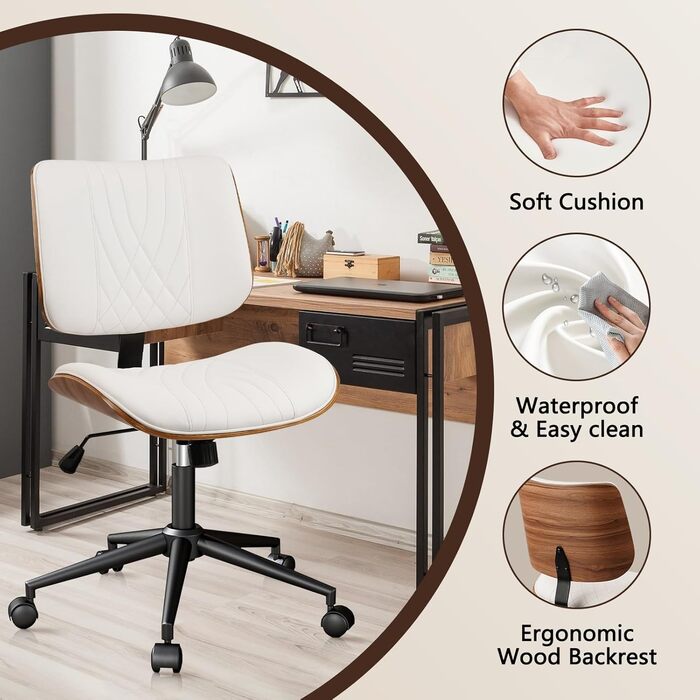 Крісло офісне без підлокітників Clatina з роликами, регульоване по висоті, шкіряне, поворотне, для комп'ютера, середньою спинкою, сучасний стиль горіхового дерева, для дому, офісу, конференц-залу, білий, 1 шт.