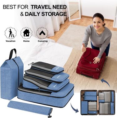 Набір компресійних органайзерів для одягу в подорожі (6 шт), стискаючі пакувальні куби для валізи та рюкзака, синій колір