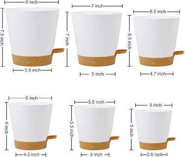 Набір горщиків для квітів 6 шт. з автополивом, чорний (білий+коричневий), 20.3-12.7 см. Ідеально для дому та балкону