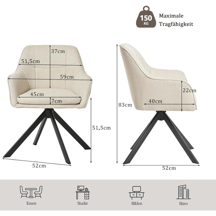 Набір з 2 обертових стільців для їдальні/кухні, бежевий, з підлокітниками, поліестер, металеві ніжки