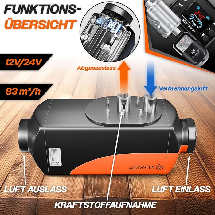 Дизельний опалювач KESSER® 12/24V з таймером, LCD-дисплеєм та пультом дистанційного керування | Швидкий нагрів | Опалювач з шумопоглиначем та термостатом (червоний, чорний/помаранчевий, 8kW)
