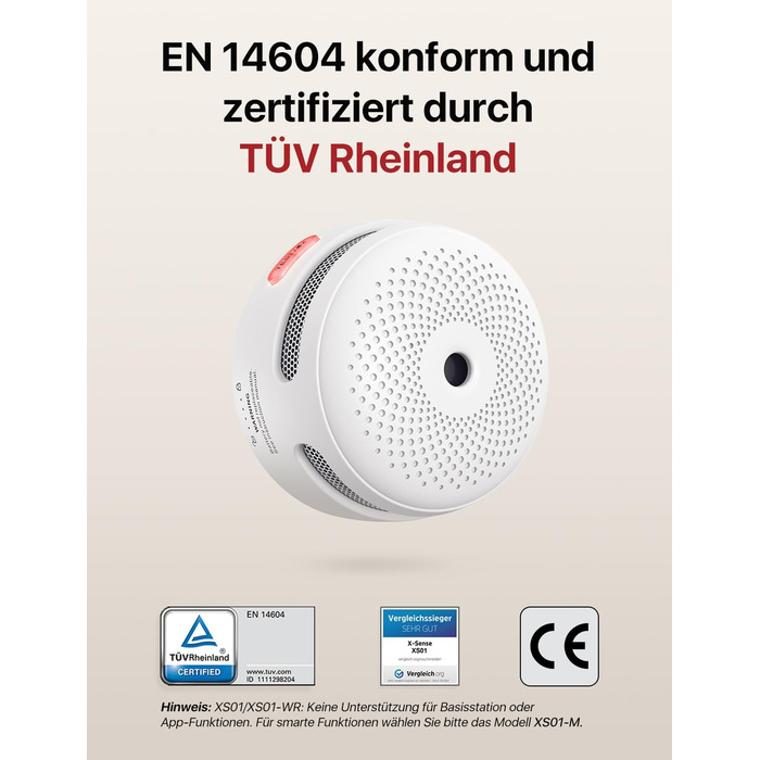 X-Sense Міні датчик диму з батареєю на 10 років та магнітним кріпленням, фотоелектричний, з кнопкою тестування/вимикання, XS01, 6 шт.