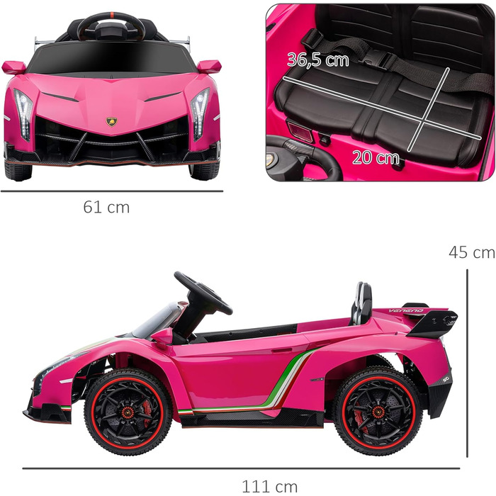 Дитячий електромобіль HOMCOM Lamborghini Veneno 12V з Bluetooth, музикою, пультом ДУ, для дітей 3-6 років, рожевий