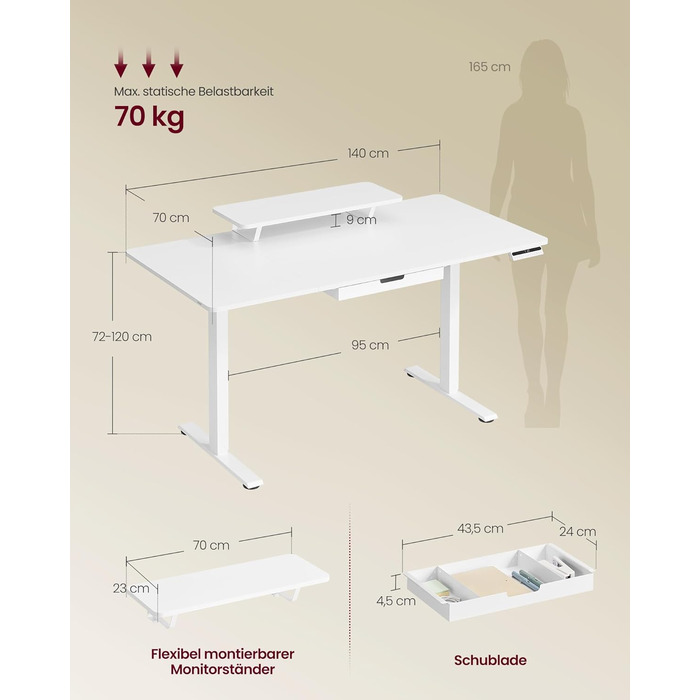 VASAGLE Регульований стіл, моніторний підставка, ящик, USB-C, нагадування про сидячий спосіб життя, для офісу, 140 x 70 см, Wolkenweiß
