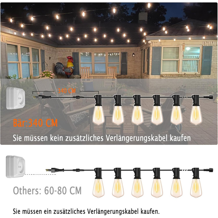 LED гірлянда для зовнішнього використання, вологостійка IP65 з 15+1 лампочками E27 2700K тепле біле світло для саду, тераси, вечірок. Довжина 30 метрів. [Енергоклас G]