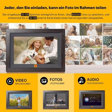 Цифровий фоторамка Kodak 10,1 дюйма WiFi, IPS Touchscreen, 32GB, Автоматичне поворотання, для кріплення на стіну, ділитися фото з будь-якого місця, коричневий (чорний каркас)