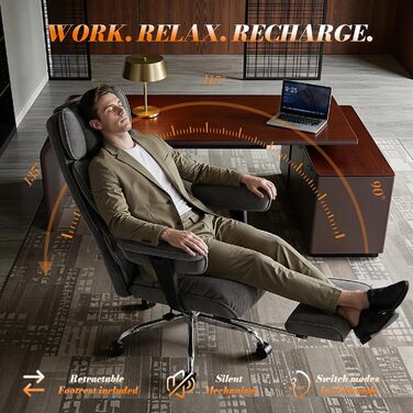 Офісний крісло Efomao XXL до 200 кг, важке, тканинне, з підставкою для ніг, ергономічне для комп'ютера з високою спинкою, похиле для дому/офісу, з товстою м'якою оббивкою (Сірий)