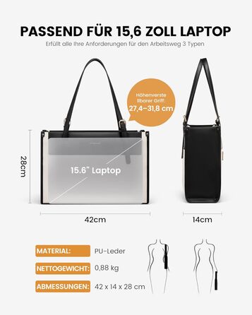 LOVEVOOK Сумка для ноутбука, жіноча велика водонепроникна сумка-шоппер з PU шкіри, для роботи, навчання, 15.6 дюймів (Чорний+бежевий)