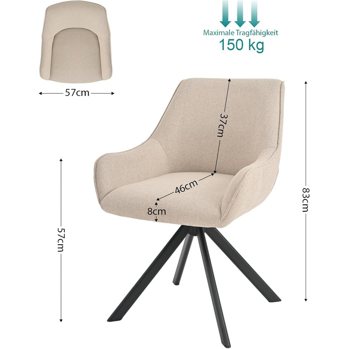 Набір обідніх стільців 6 шт. з підлокітниками, поворотні на 360°, з м'яким сидінням з льону, сучасний дизайн, металевий каркас, для кухні, вітальні, офісу, бежевий, 6 шт.