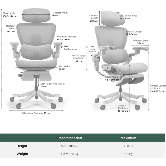 Офісний стіл HINOMI H2 Pro з ергономічною підтримкою попереку, регульованою підголівником та підлокітниками, до 150 кг, дихаюча сітка, поворотний крісло для дому та офісу, сірий