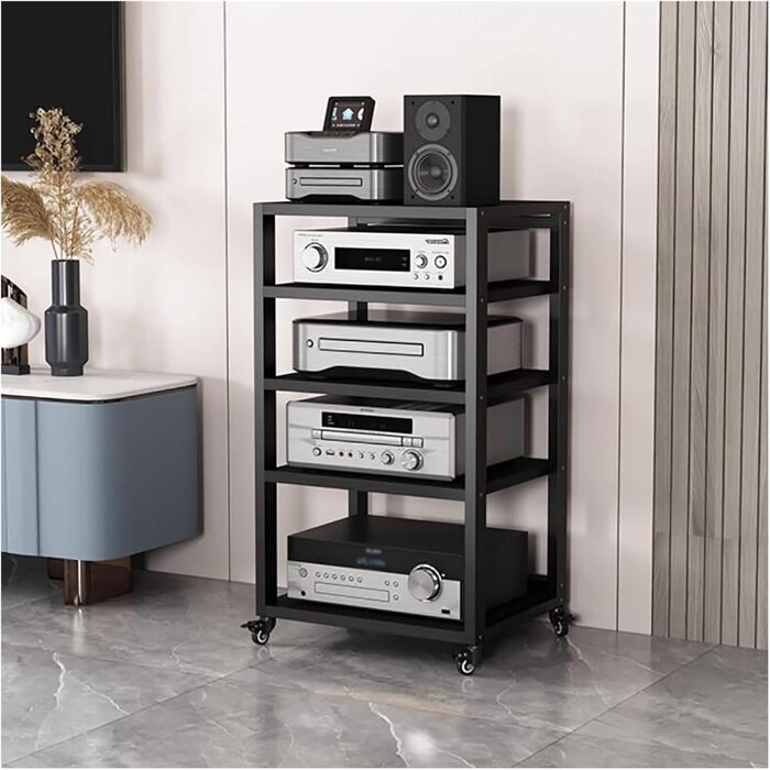 Аудіо стійка Hi-Fi, 5-поверхова AV медіа-полиця на колесах, велика місткість для стерео-компонентів, шафа для електроніки, чорна