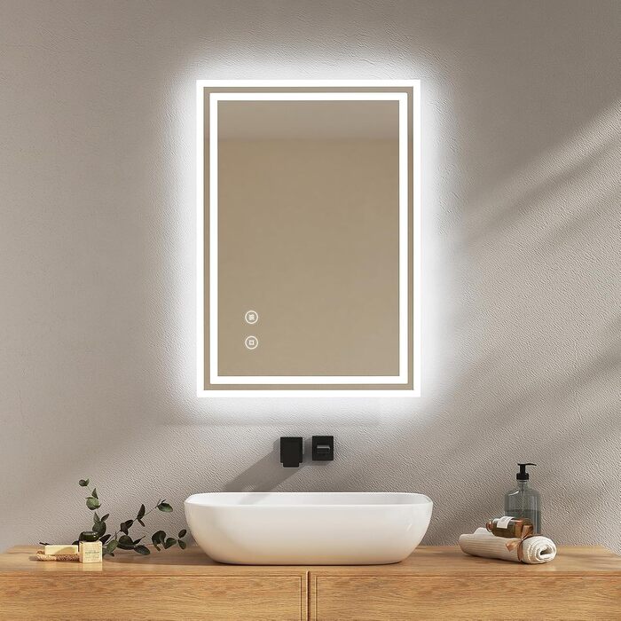 Дзеркало для ванної кімнати EMKE з підсвіткою 50x60 см, антизапар, холодне біле світло, диммування, сенсорне управління, функція пам'яті, автоматичне вимкнення на 3 години, IP44, енергозберігаюче (70x50 см)