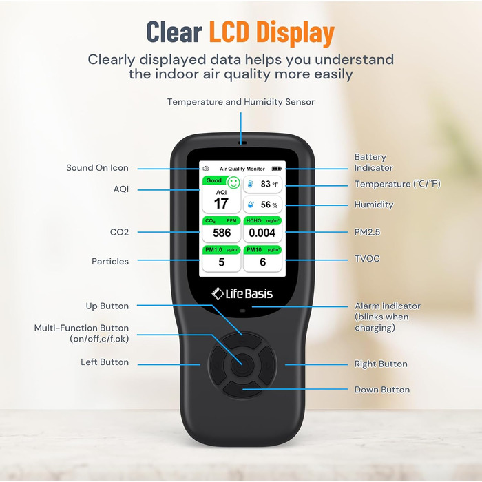 Детектор якості повітря LifeBasis 10 в 1: формальдегід, AQI, PM2.5/PM10, HCHO, TVOC, CO2, температура, вологість. USB зарядка для дому та офісу