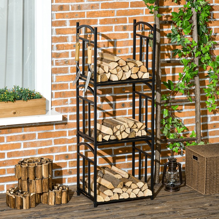 Стильна полиця для дров Outsunny – 46 x 32 x 126 см, 3 яруси, з 4 гачками. Металева, чорного кольору.