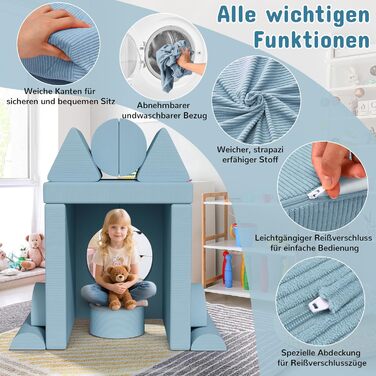 Дитяче ігрове диван-конструктор MAMIZO Cord, 15 елементів, блакитний. Модульний диван для гри та відпочинку, сертифікат Oeko-Tex