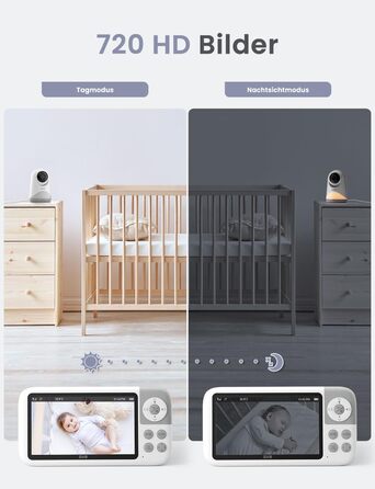 Відеоняня GHB з камерою 5'' HD IPS, 720P, 3050mAh, VOX, Zoom 3X, Нічне бачення, Зв'язок, 8 колискових, Підтримка 4 камер