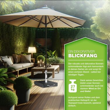 Підставка для парасольки Tillvex® Granit на роликах з ручкою для транспортування, 27 кг | Підставка для парасольки з нержавіючою сталлю | Підставка для парасольки на балкон, для штиків 16-48 мм та діаметром парасольки 250 см (кутова, антрацит)