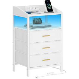 Приліжкова тумба з LED-підсвіткою, USB і розетками, 3 текстильні шухляди, полиці, для спальні та вітальні, біла NS31013W