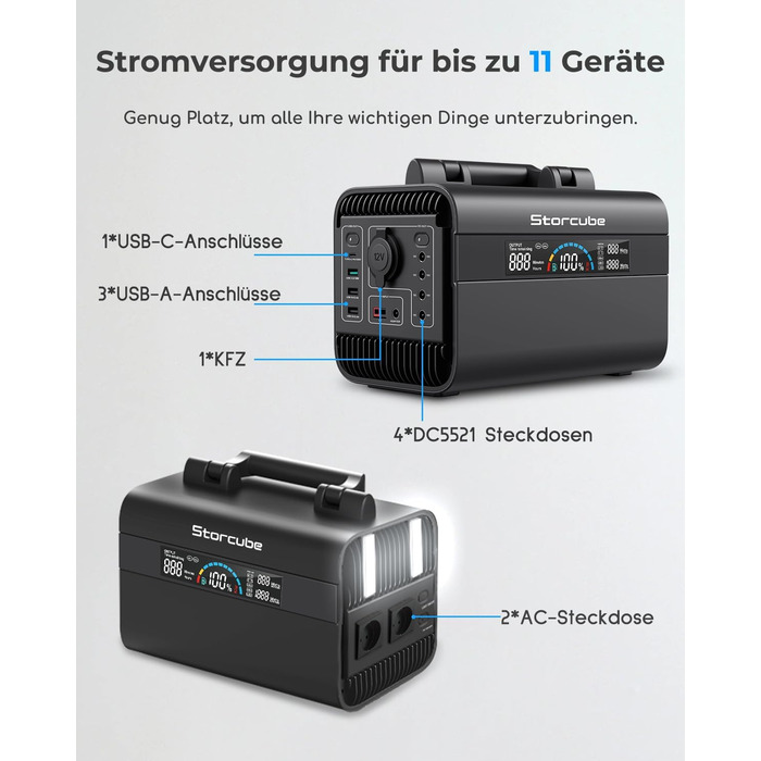 Портативна електростанція STORCUBE 300 Вт, сонячний генератор 294,4 Вт-год/92000 мАг з LiFeP04 з 2 виходами змінного струму, швидкою зарядкою PD 100 Вт, 11 виходами, мобільним накопичувачем енергії для кемпінгу на відкритому повітрі