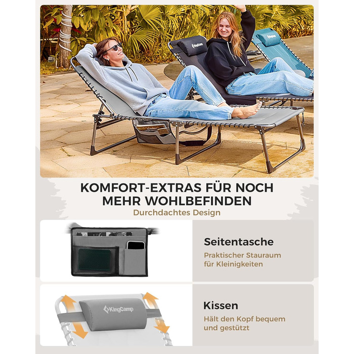 Лежак для відпочинку KingCamp великого розміру, складаний, 5 положень, для саду, кемпінгу, пляжу, з подушкою та кишенею, до 200 кг, 200 x 68 см, сірий