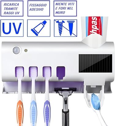 Тримач для зубних щіток для дезінфекції S.I.C UV зі світлодіодом, автоматичний дозатор зубної пасти, основне відділення для 4 зубних щіток