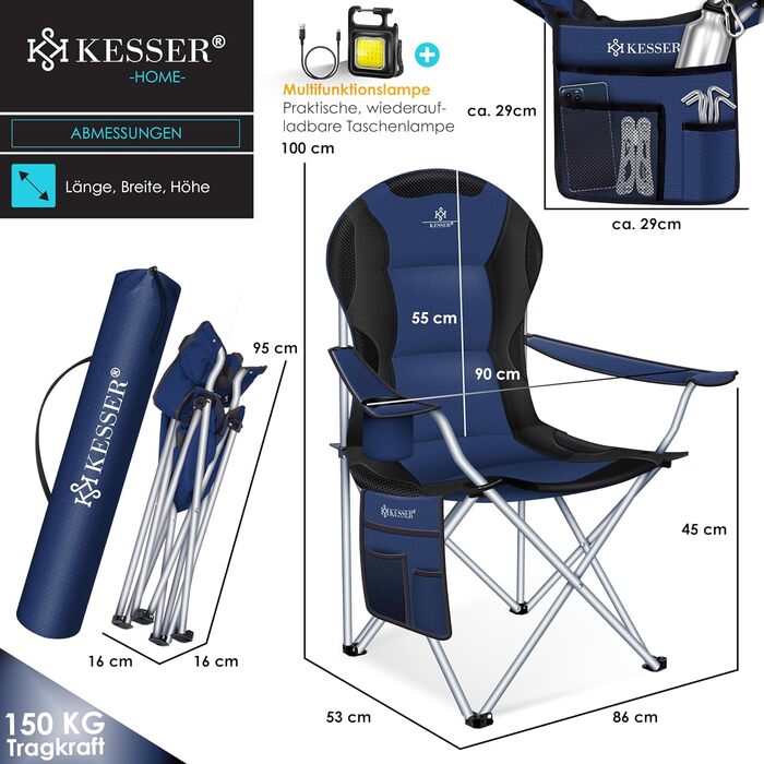 Кемпінгове крісло KESSER Складне до 150 кг Крісло для риболовлі Розкладне крісло з оббивкою підлокітників, кемпінговим ліхтарем і підстаканником сумка з високою спинкою, пляжне крісло, складаний табурет, хакі (темно-синій / чорний)