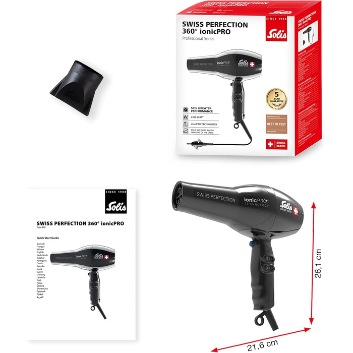 Фен Solis Swiss Perfection 360º ionicPRO 440 з іонізацією, поворотний шнур, насадка для укладки, чорний