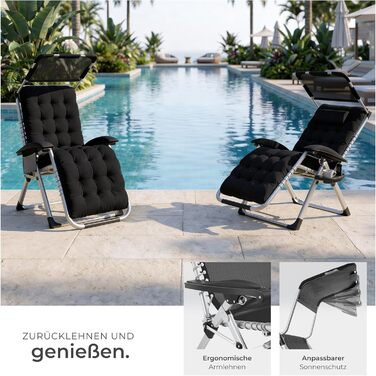 Тектейк® Розкладна сонцелюстра, шезлонг для саду з сонцезахисним дахом, вуличний крісло для балкона або саду, лежак з додатковою товстою подушкою, розслаблюючий лежак, витримує до 200 кг - (1 шт. - з сонцезахисним дахом, чорний)