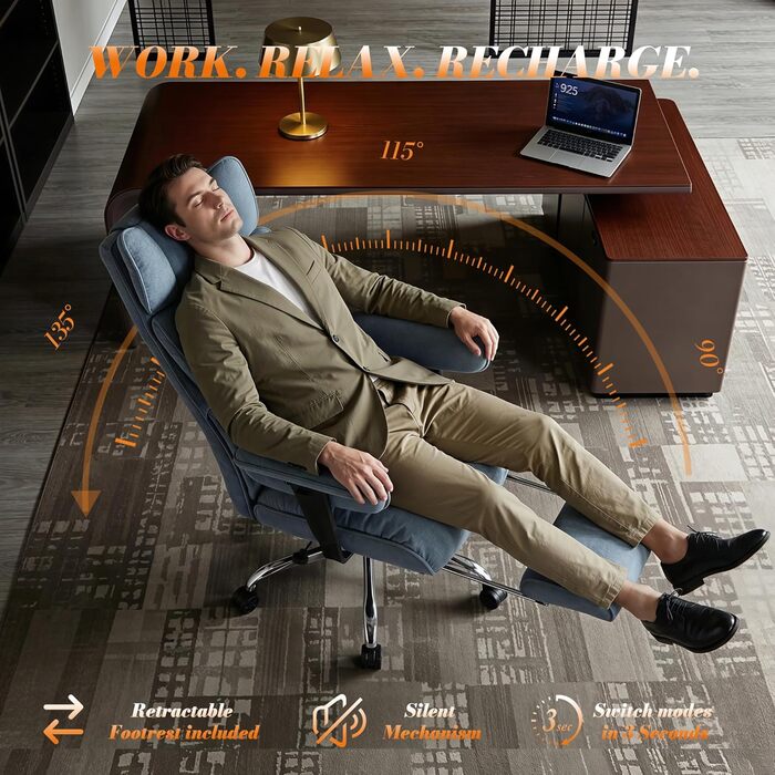 Ергономічний офісний стілець Efomao XXL до 200 кг, блакитний: крісло для важких користувачів з підставкою для ніг та товстим м'яким сидінням