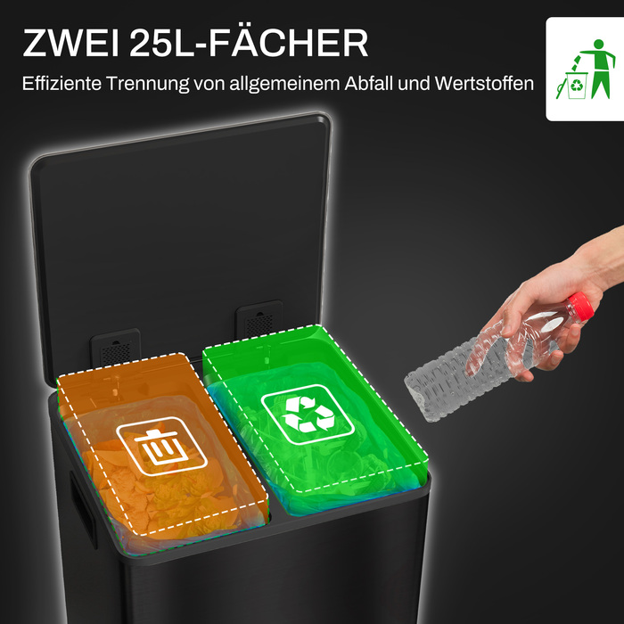 Відро для сміття HOMCOM 2x25L Педаль Відро для сміття з нержавіючої сталі з кришкою та ножною педаллю, Косметичний контейнер з внутрішнім відром для вітальні та офісу, 47,7x37,5x56 см