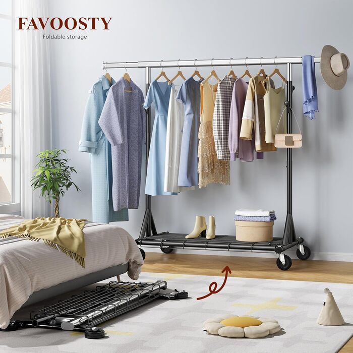 Стійка для одягу на колесах FAVOOOSTY, металева, мобільна, до 200 кг, чорна, 1 перекладина