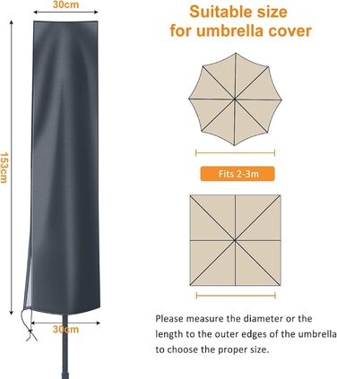 Чохол для парасольки OKPOW 3м, 600D, водонепроникний, з блискавкою, захист від УФ, вітру та снігу (153x30/30 см, темно-сірий)