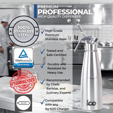 Професійний дозатор для вершків з нержавіючої сталі - сифон для капсул з вершками - пляшка Espuma для десертів (1л)